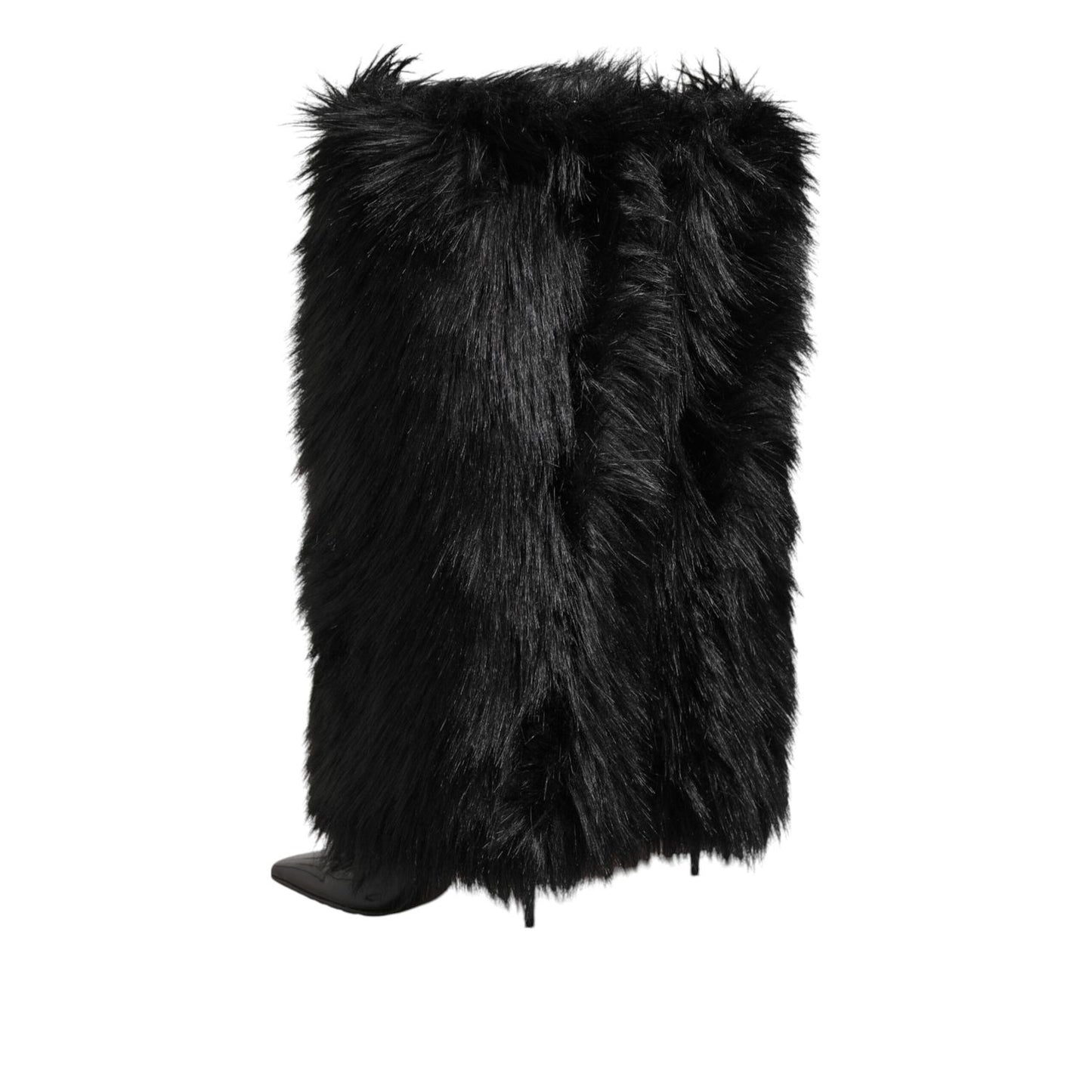 Dolce & Gabbana Black Faux Fur Pointed Knee High Stiletto Boots Shoes Dolce & Gabbana