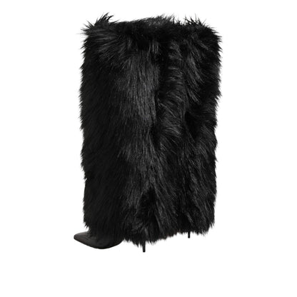 Dolce & Gabbana Black Faux Fur Pointed Knee High Stiletto Boots Shoes Dolce & Gabbana