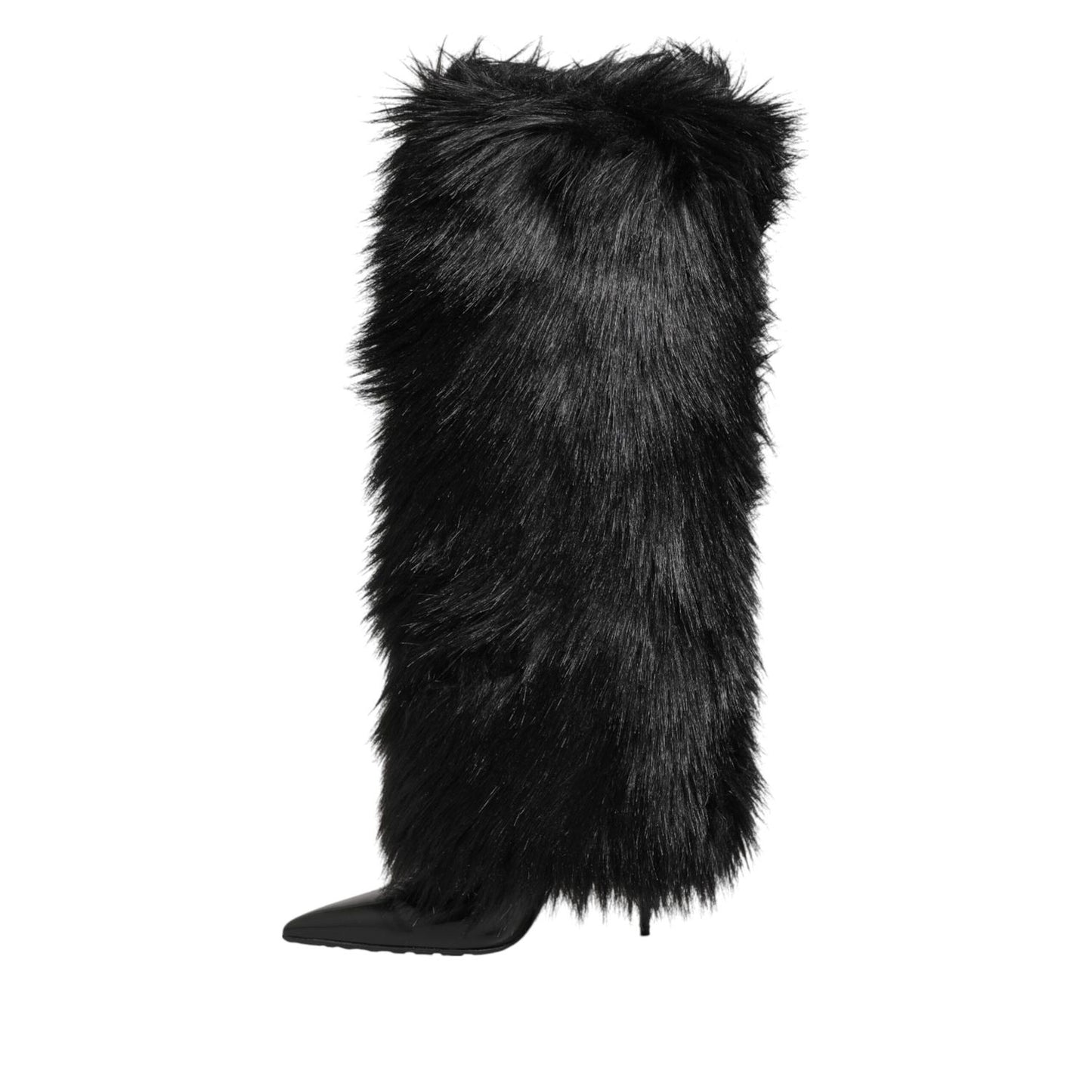 Dolce & Gabbana Black Faux Fur Pointed Knee High Stiletto Boots Shoes Dolce & Gabbana