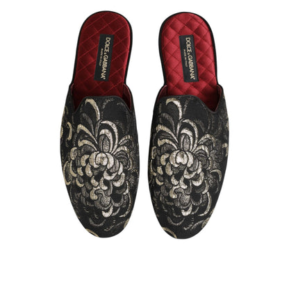 Dolce & Gabbana Black Floral Jacquard Slides Slippers Shoes Dolce & Gabbana