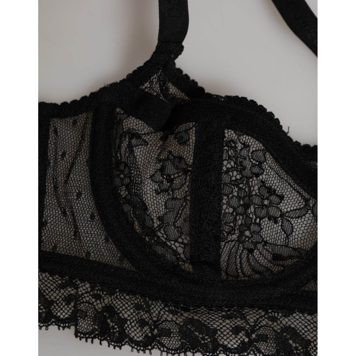 Dolce & Gabbana Black Floral Lace Nylon Balconcino Bra Underwear with lace detail, elegant design, and Italian craftsmanship.