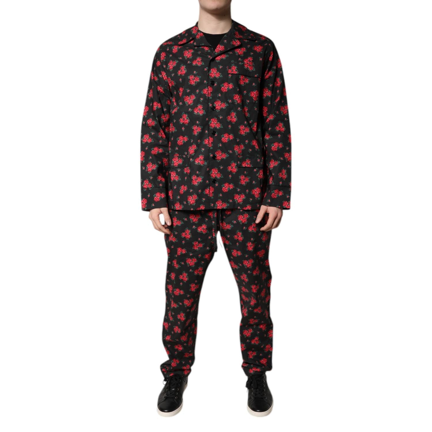 Dolce & Gabbana Black Floral Print Cotton Men Pajama Set Sleepwear