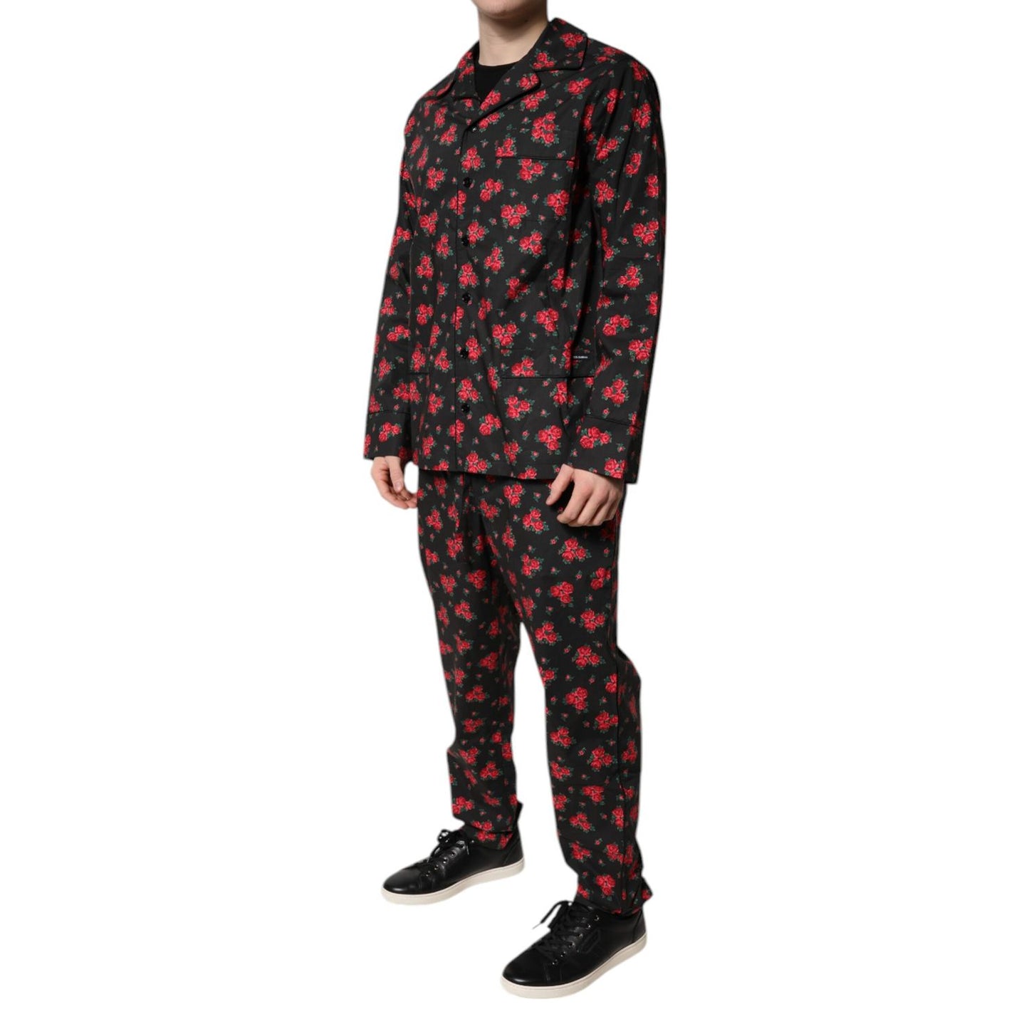 Dolce & Gabbana Black Floral Print Cotton Men Pajama Set Sleepwear Dolce & Gabbana