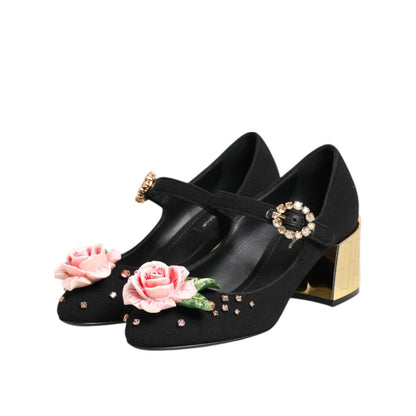 Dolce & Gabbana Black Flower Crystal Embellished Mary Jane Shoes Dolce & Gabbana