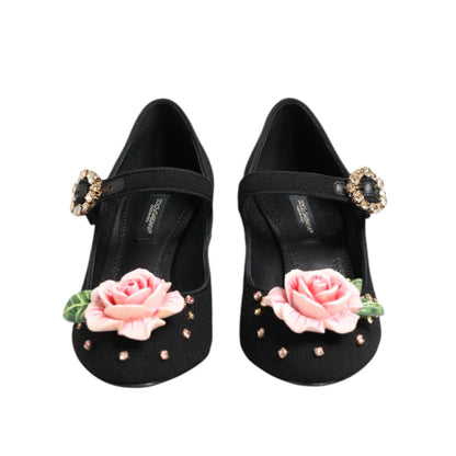 Dolce & Gabbana Black Flower Crystal Embellished Mary Jane Shoes Dolce & Gabbana