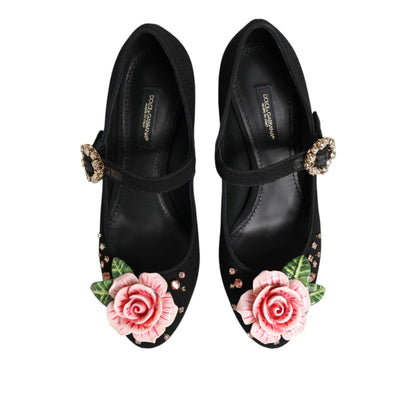 Dolce & Gabbana Black Flower Crystal Embellished Mary Jane Shoes Dolce & Gabbana
