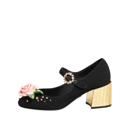Dolce & Gabbana Black Flower Crystal Embellished Mary Jane Shoes Dolce & Gabbana