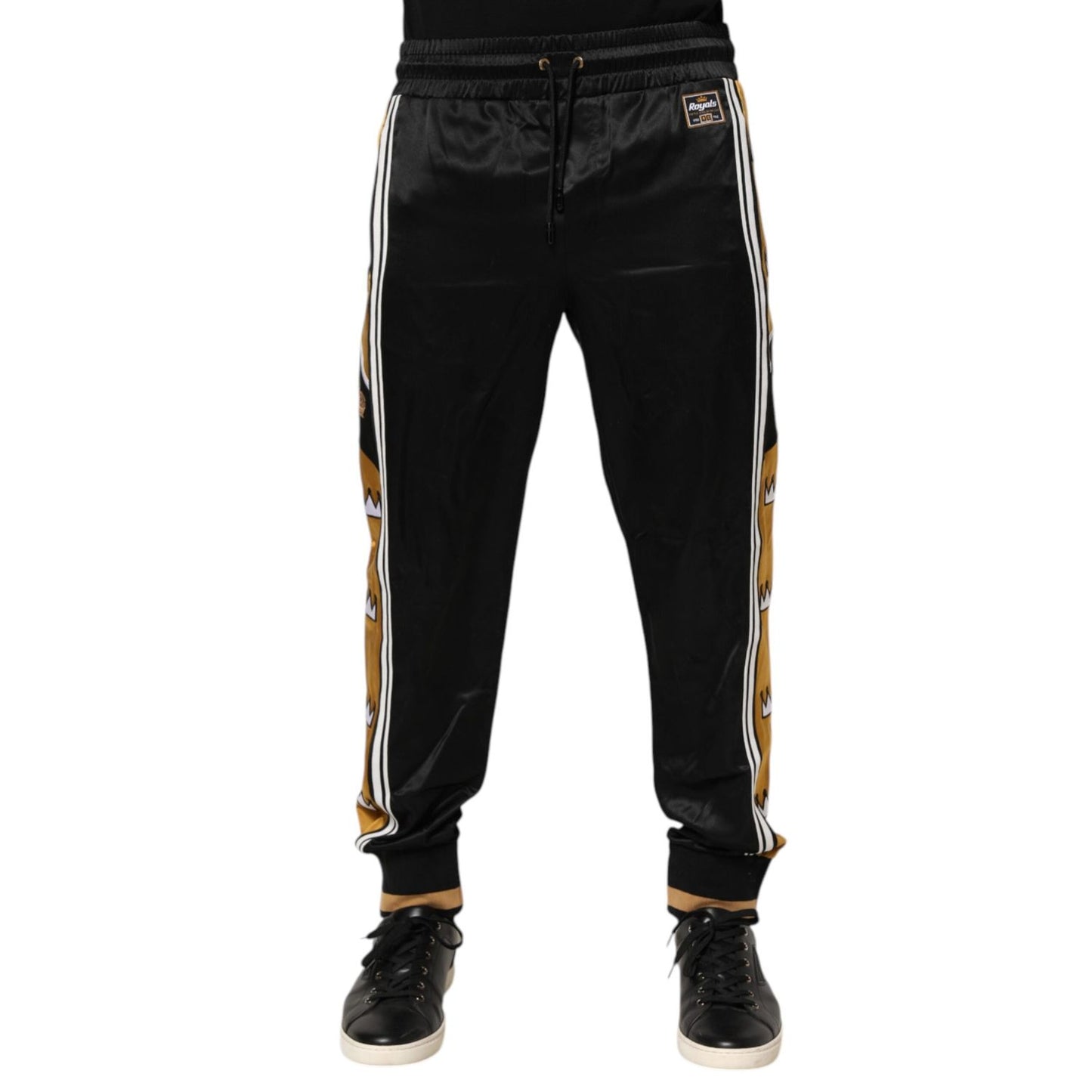 Dolce & Gabbana Black Gold Satin Crown Side Stripe Jogger Pants with embroidered motifs