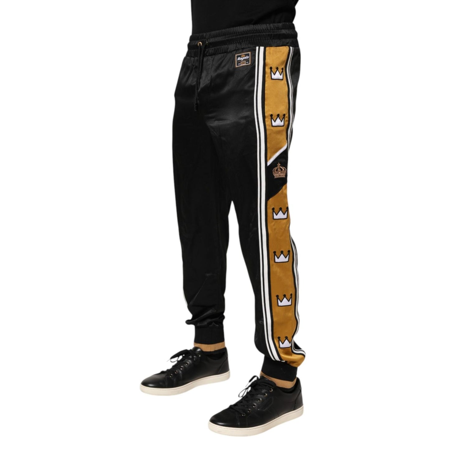 Dolce & Gabbana Black Gold Satin Crown Side Stripe Jogger Pants Dolce & Gabbana