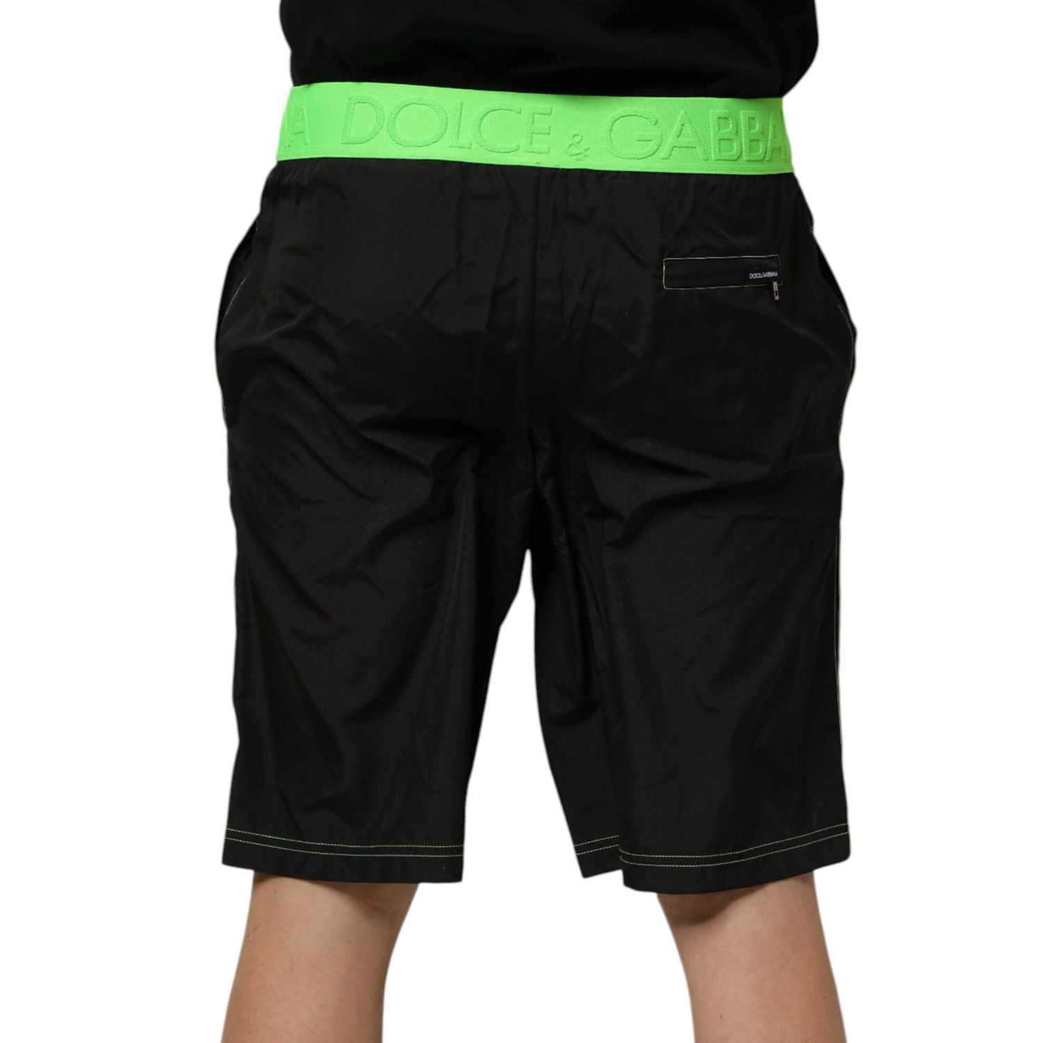 Dolce & Gabbana Black Green Logo Waistband Beachwear Short Swimwear