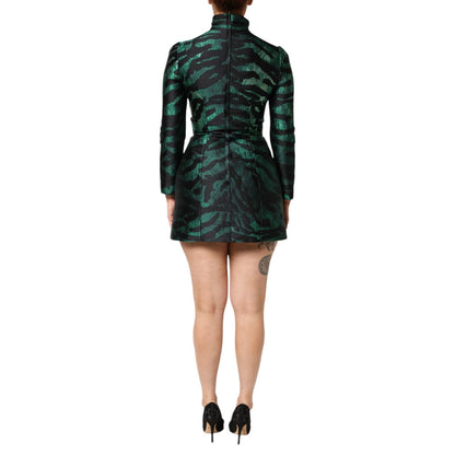 Dolce & Gabbana Black Green Metallic Jacquard Mini Long Dress