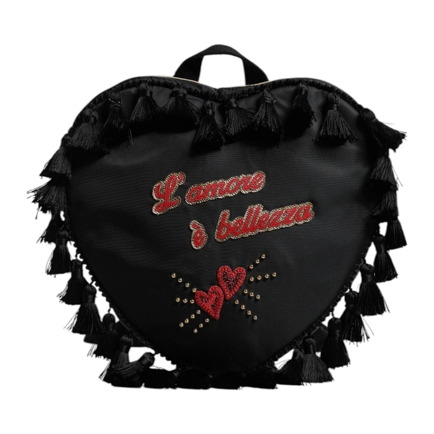 Dolce & Gabbana Black Heart L'Amore Patch Embellished Kids Backpack with tassels and "L'amore è bellezza" text.