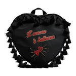 Dolce & Gabbana Black Heart L'Amore Patch Embellished Kids Backpack with tassels and "L'amore è bellezza" text.