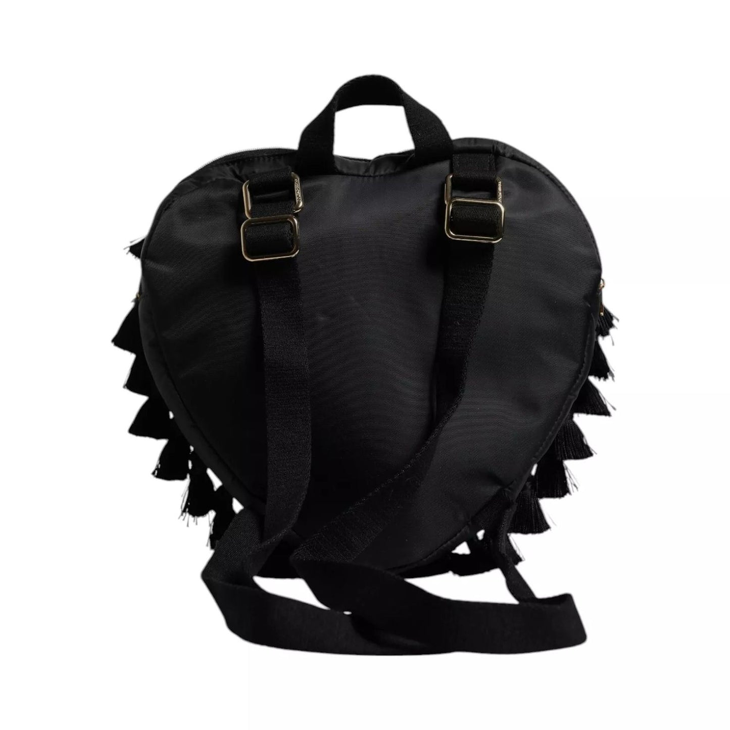 Dolce & Gabbana Black Heart L'Amore Patch Embellished Kids Backpack with logo details and nylon material, rear view.