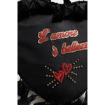 Dolce & Gabbana Black Heart L'Amore Patch Embellished Kids Backpack details, showcasing heart and L'Amore embellishments.