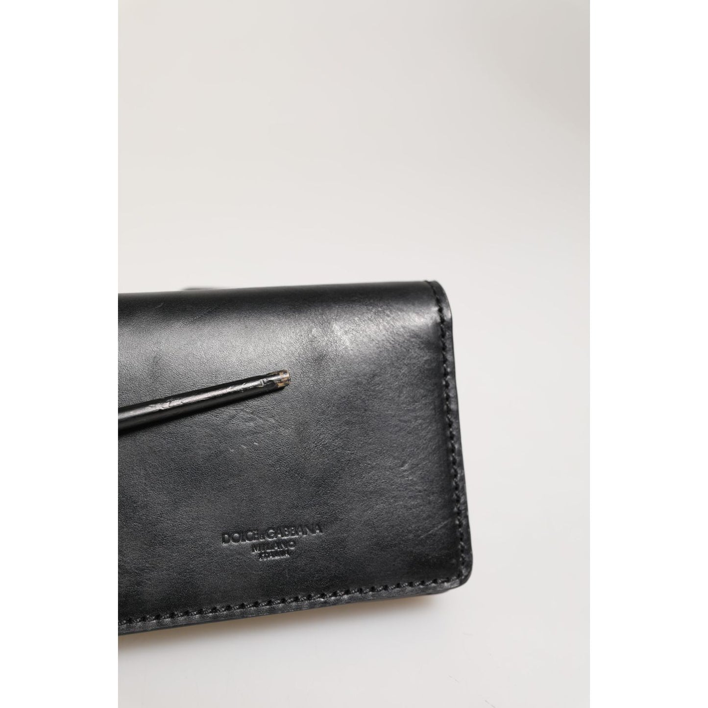 Dolce & Gabbana Black Leather Bifold Card Holder Mens Coin Purse Key Clip Wallet showcasing sleek luxury style.