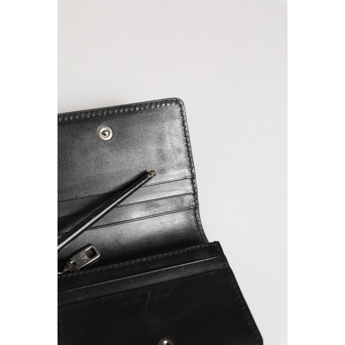 Dolce & Gabbana Black Leather Bifold Card Holder Mens Coin Purse Key Clip Wallet open with visible card slots.