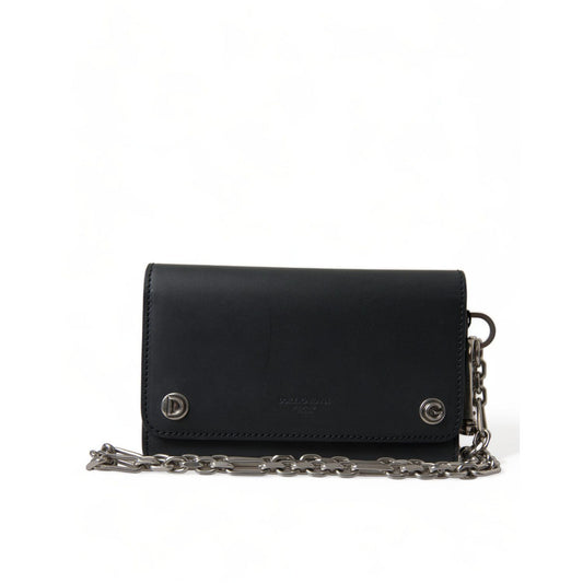 Dolce & Gabbana Black Leather Logo Embossed Mini Bifold Wallet Borse Bag with chain for men