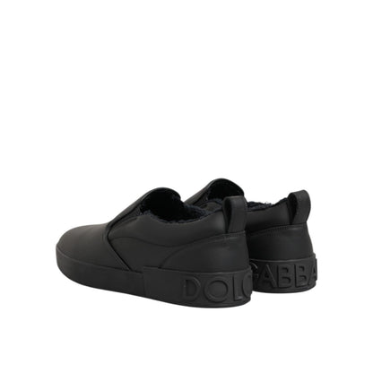 Dolce & Gabbana Black Leather Low Top Slip On Sneakers Shoes Dolce & Gabbana