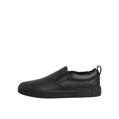 Dolce & Gabbana Black Leather Low Top Slip On Sneakers Shoes Dolce & Gabbana