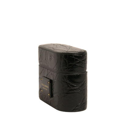 Dolce & Gabbana Black Leather Metal Logo Plaque Holder Airpods Case Dolce & Gabbana