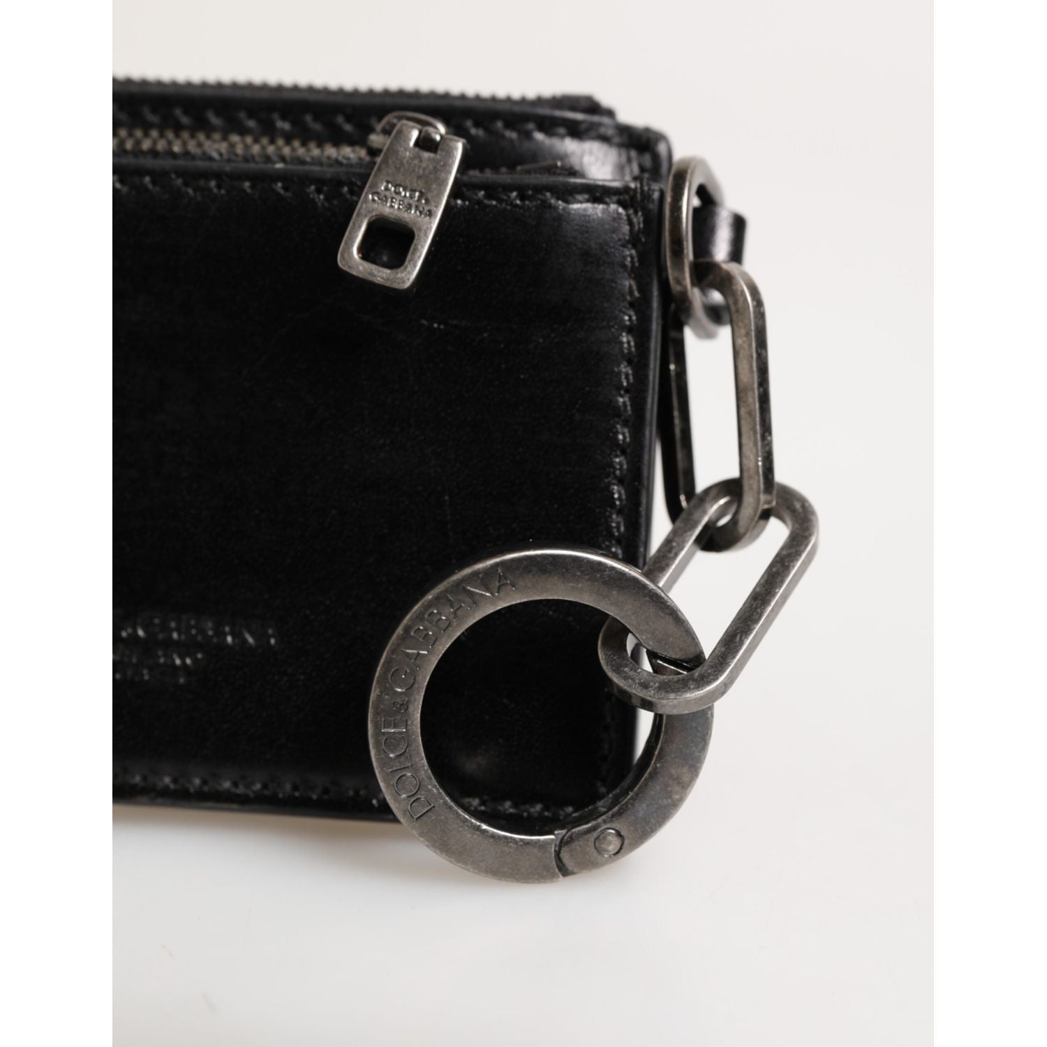 Dolce & Gabbana Black Leather Zip Logo Keyring Coin Purse Keyring Wallet