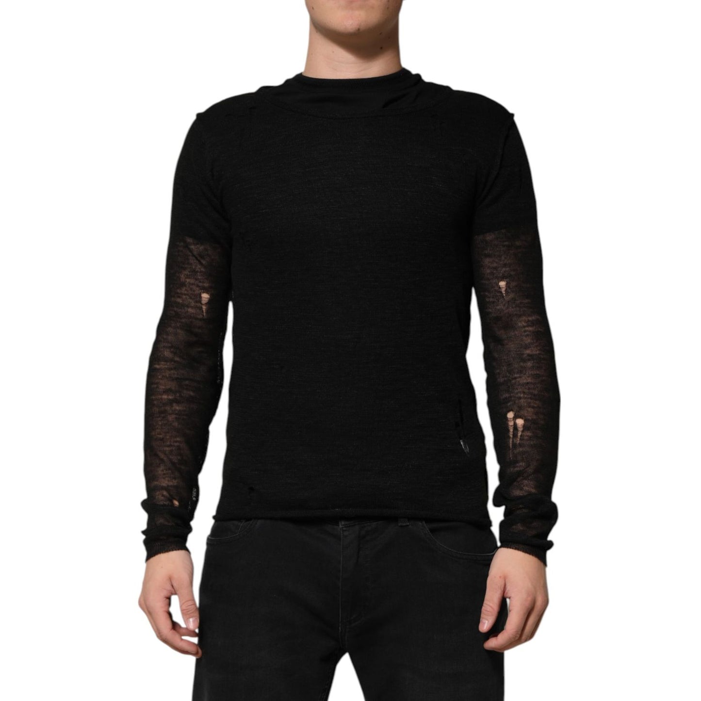 Dolce & Gabbana Black Linen Mesh Tattered Longsleeves T-shirt Dolce & Gabbana