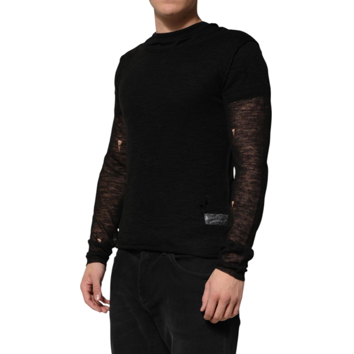 Dolce & Gabbana Black Linen Mesh Tattered Longsleeves T-shirt Dolce & Gabbana