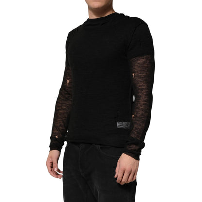 Dolce & Gabbana Black Linen Mesh Tattered Longsleeves T-shirt Dolce & Gabbana
