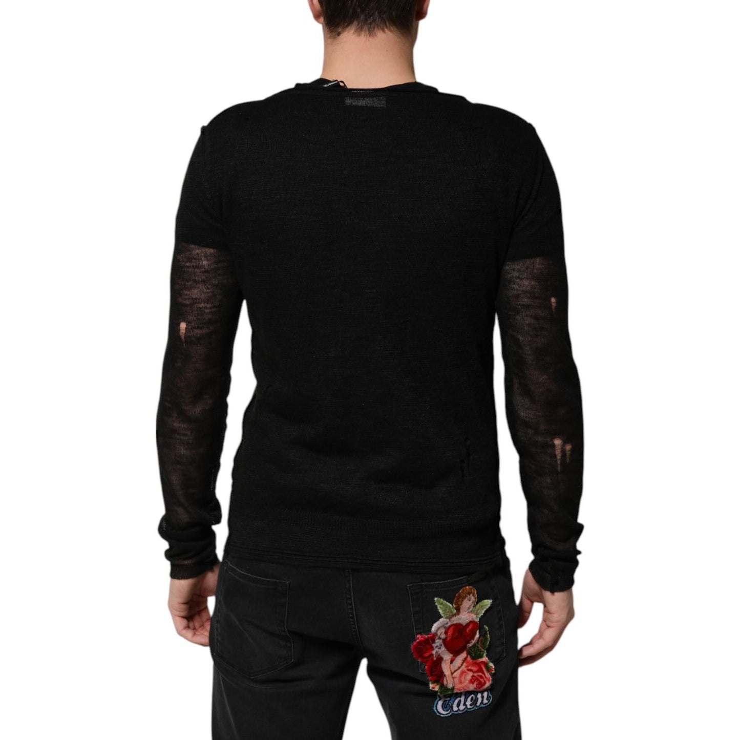 Dolce & Gabbana Black Linen Mesh Tattered Longsleeves T-shirt Dolce & Gabbana