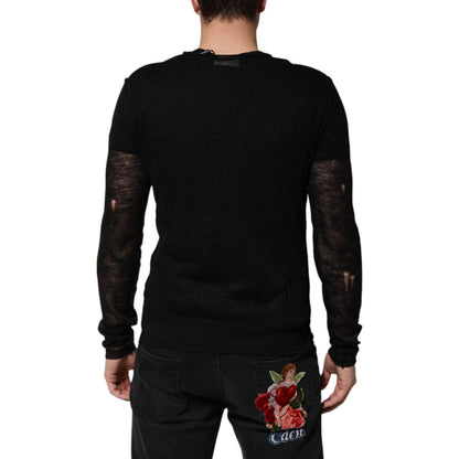 Dolce & Gabbana Black Linen Mesh Tattered Longsleeves T-shirt Dolce & Gabbana