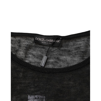 Dolce & Gabbana Black Linen Mesh Tattered Longsleeves T-shirt Dolce & Gabbana