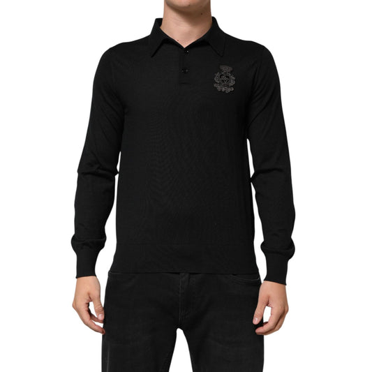 Dolce & Gabbana Black Logo Patch Collared Pullover Sweater, 100% cashmere, sleek black design, model wearing long-sleeve sweater.