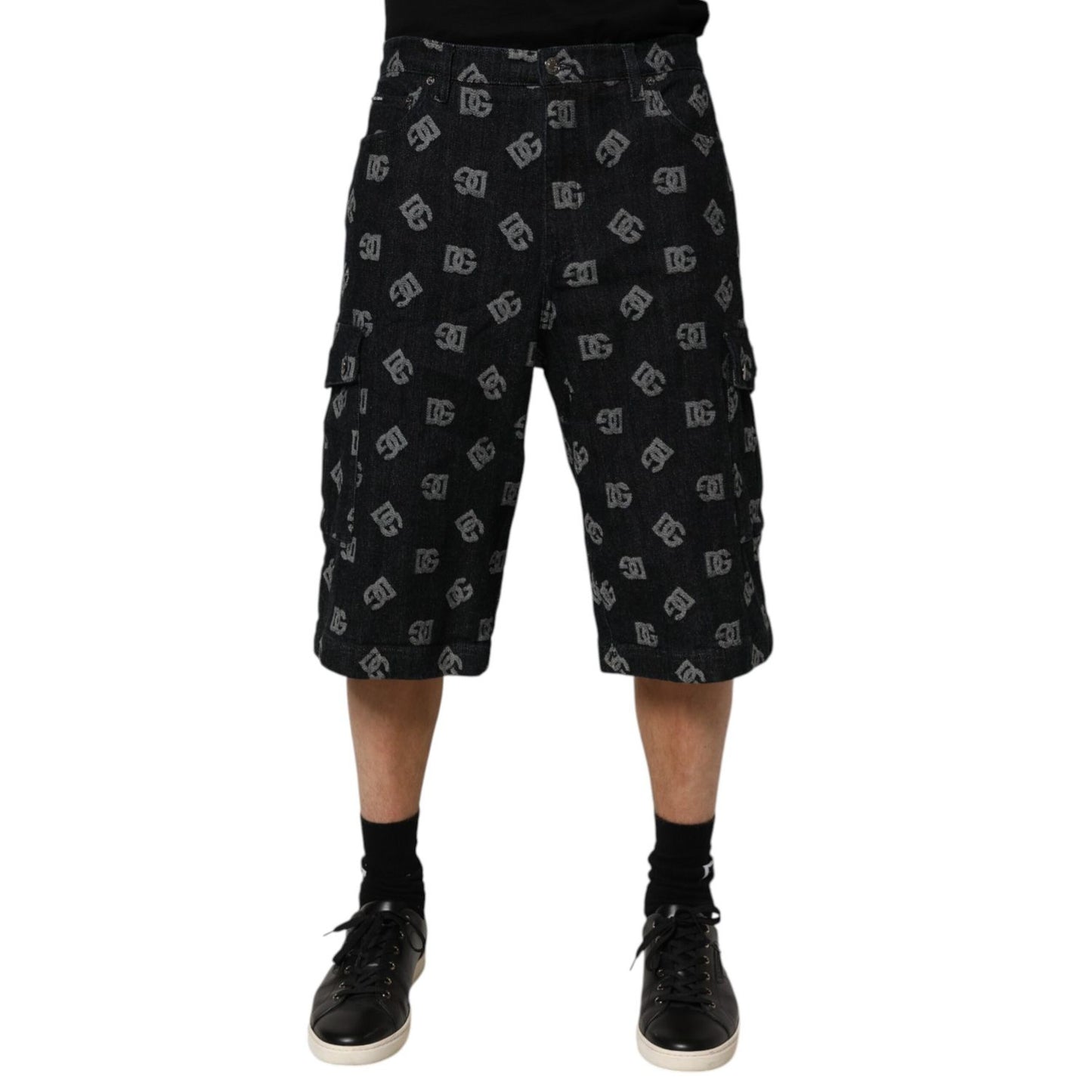 Dolce & Gabbana Black Monogram Denim Cargo Men Bermuda Short Dolce & Gabbana