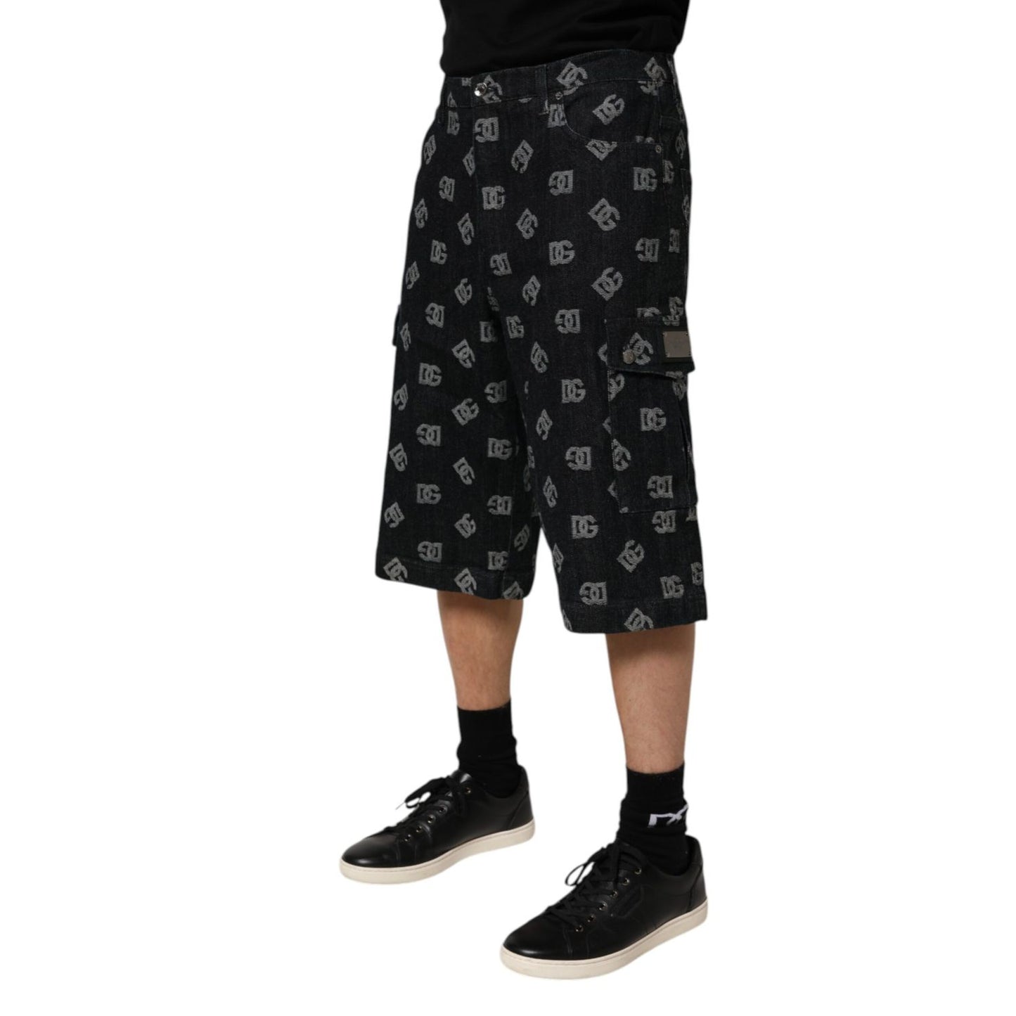 Dolce & Gabbana Black Monogram Denim Cargo Men Bermuda Short Dolce & Gabbana