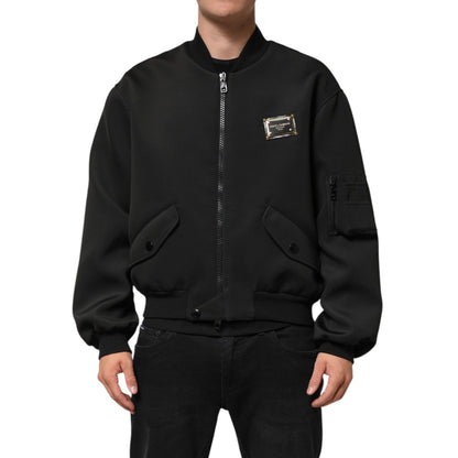 Dolce & Gabbana Black Polyester Logo Plaque Bomber Jacket Dolce & Gabbana