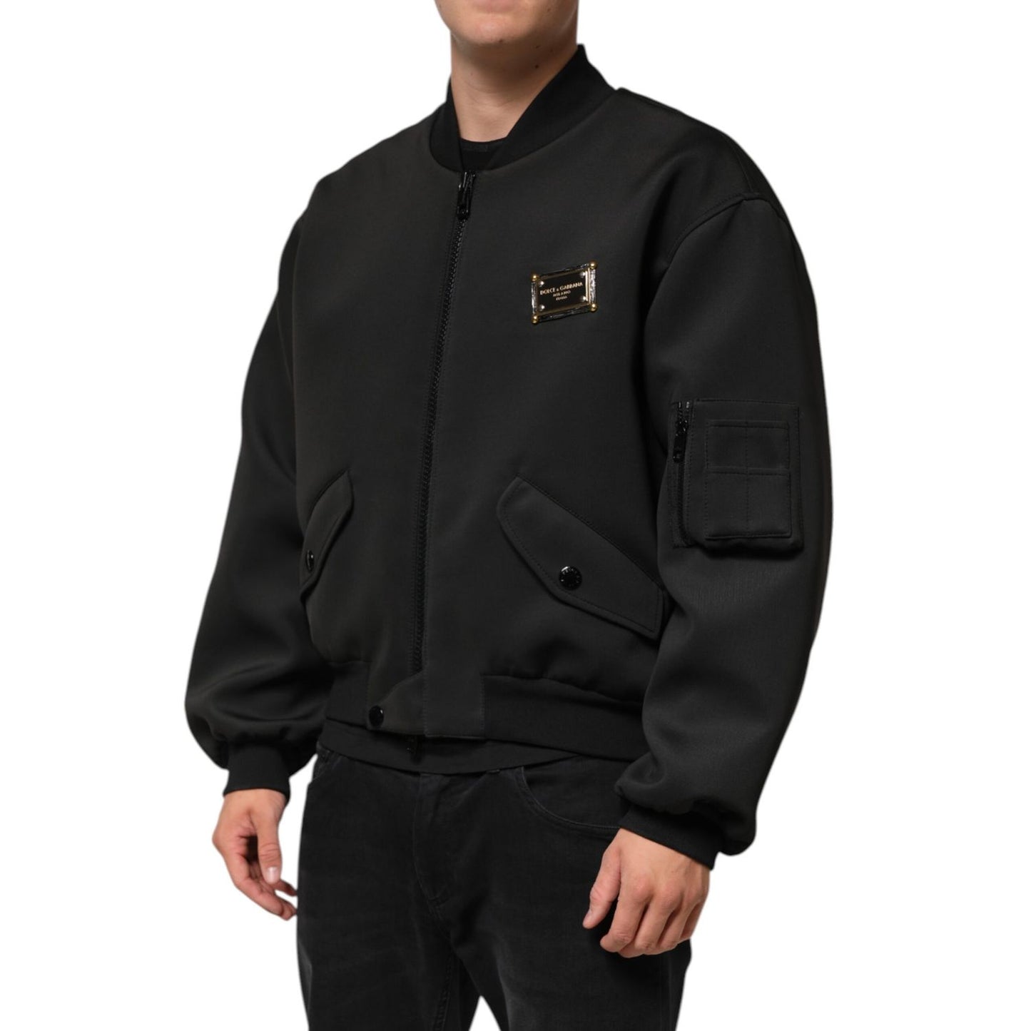 Dolce & Gabbana Black Polyester Logo Plaque Bomber Jacket Dolce & Gabbana