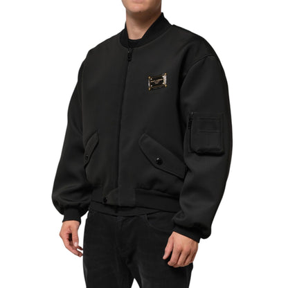 Dolce & Gabbana Black Polyester Logo Plaque Bomber Jacket Dolce & Gabbana