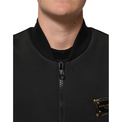 Dolce & Gabbana Black Polyester Logo Plaque Bomber Jacket Dolce & Gabbana