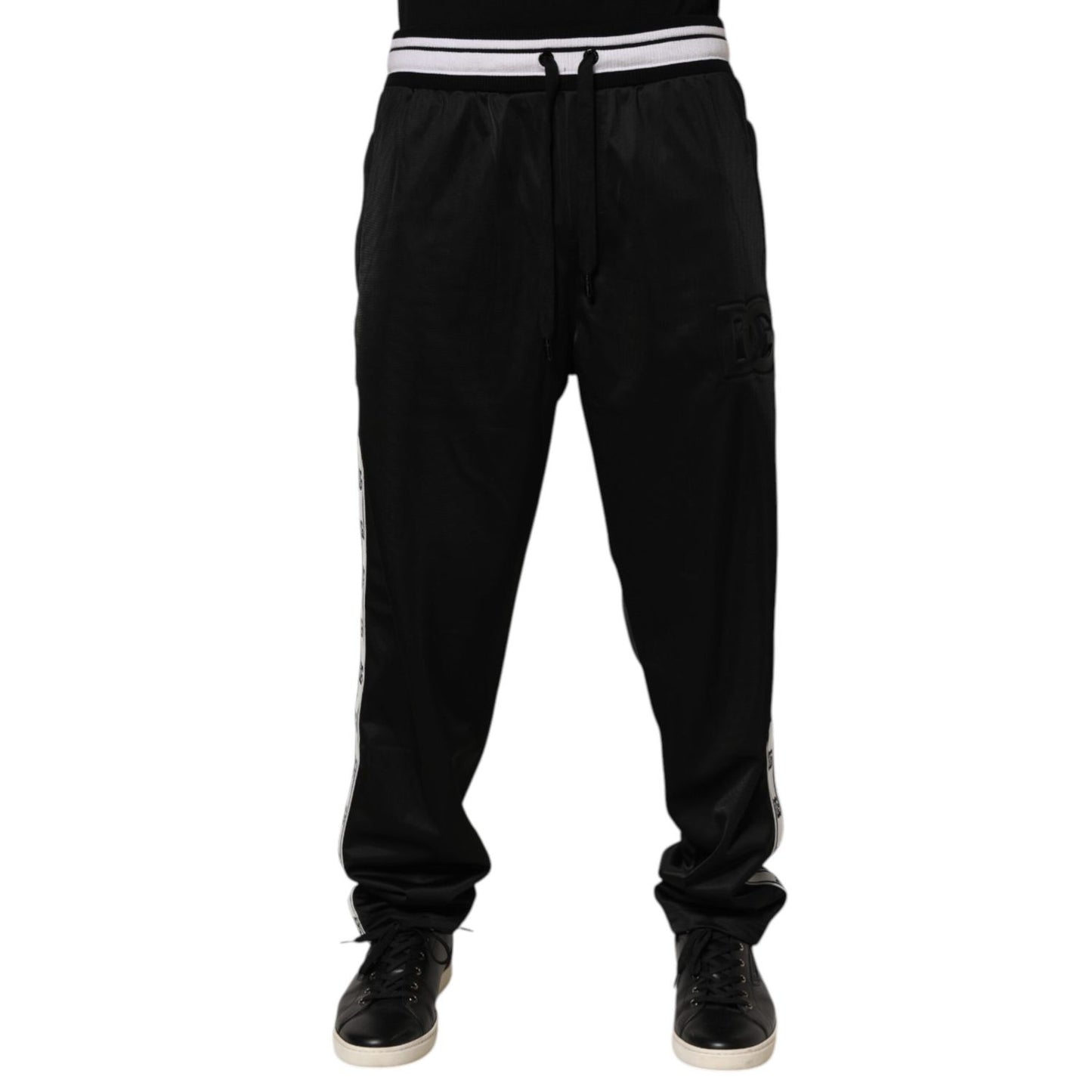 Dolce & Gabbana Black Polyester Logo Stripe Track Jogger Pants with white waistband and side stripes
