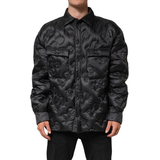 Dolce & Gabbana Black Quilted DG Logo Nylon Puffer Jacket with rose pattern, oversized fit, and flap chest pockets.