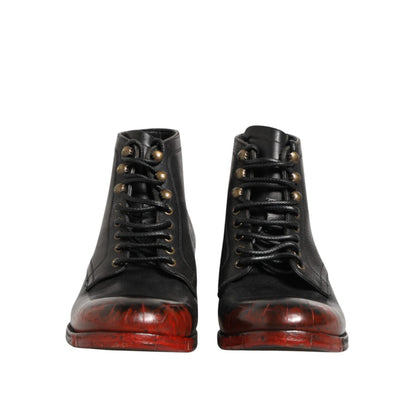 Dolce & Gabbana Black Red Lace Up Short Ankle Boot Shoes Dolce & Gabbana
