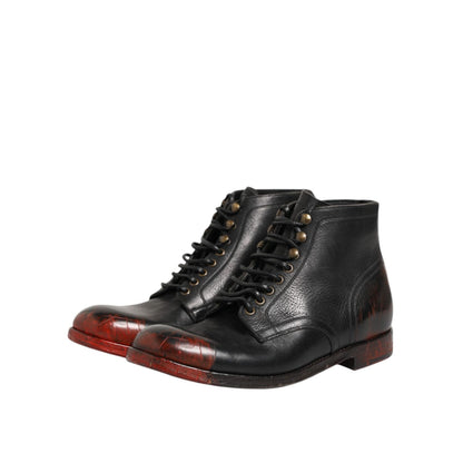 Dolce & Gabbana Black Red Lace Up Short Ankle Boot Shoes Dolce & Gabbana
