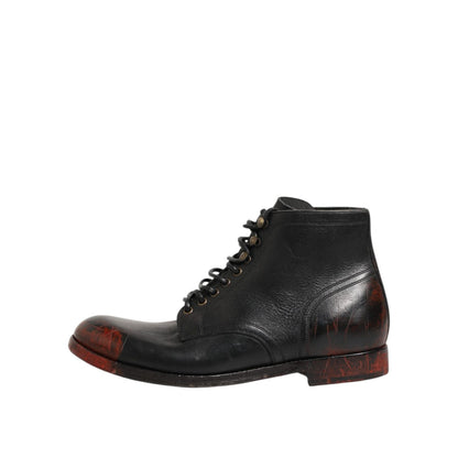 Dolce & Gabbana Black Red Lace Up Short Ankle Boot Shoes Dolce & Gabbana