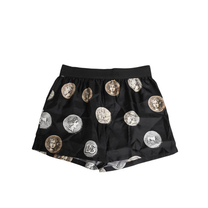 Dolce & Gabbana Black Silk Ancient Coin Print Boxer Short Swimwear Dolce & Gabbana