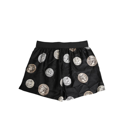 Dolce & Gabbana Black Silk Ancient Coin Print Boxer Short Swimwear Dolce & Gabbana