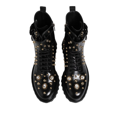 Dolce & Gabbana Black Studded Lace Up Mid Calf Boots Shoes