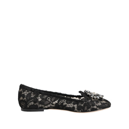 Dolce & Gabbana Black Taormina Lace Crystals Flats Shoes Dolce & Gabbana