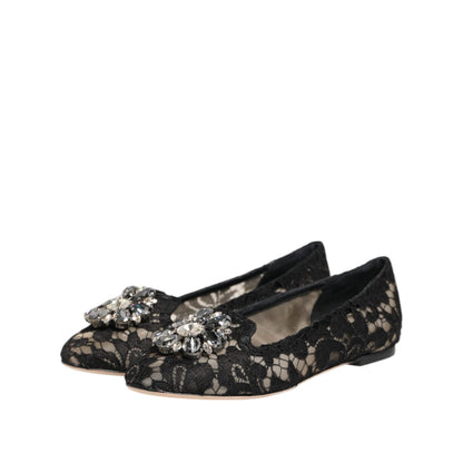 Dolce & Gabbana Black Taormina Lace Crystals Flats Shoes Dolce & Gabbana