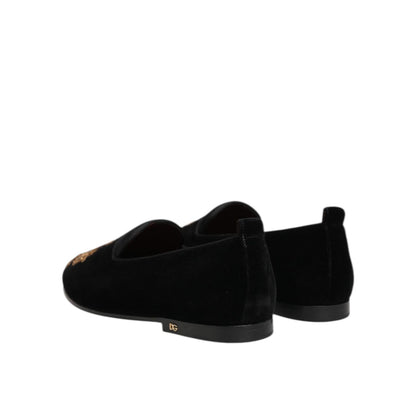 Dolce & Gabbana Black Velvet Gold Crown Mens Loafers Shoes